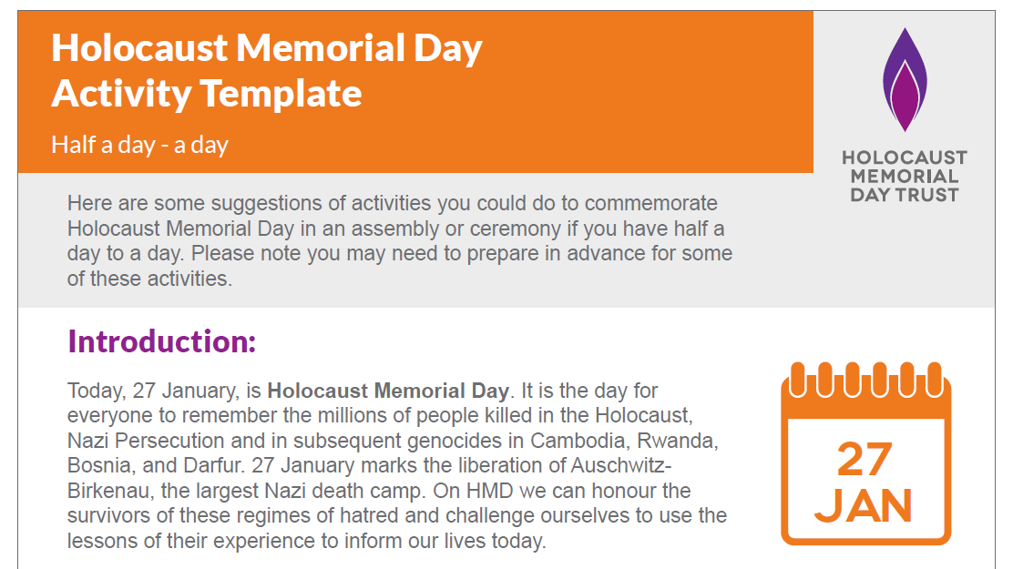 Holocaust Memorial Day activity template: half a day - a day