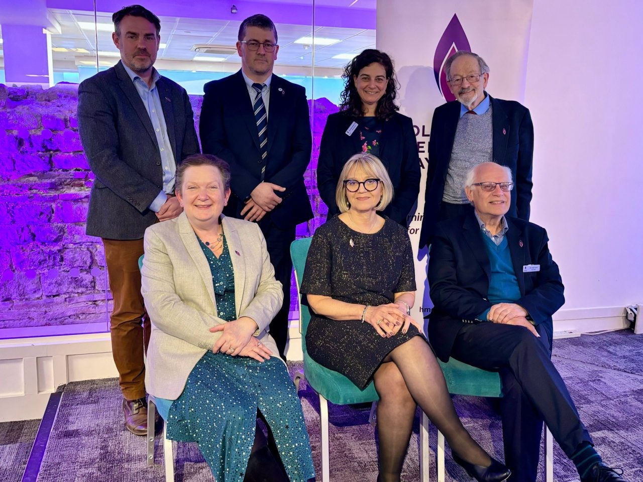 Left to right: Andy Lawrence MBE, HMD activity organiser, Safet Vukalić BEM, a survivor of the genocide in Bosnia, Olivia Marks-Woldman BEM, CEO of HMDT, Martin Stern MBE, Holocaust survivor, Tamara Finkelstein CB, Permanent Secretary at the Department for Environment, Food and Rural Affairs, Laura Marks CBE, HMDT Chair, Sir Leigh Lewis KCB, HMDT Vice Chair